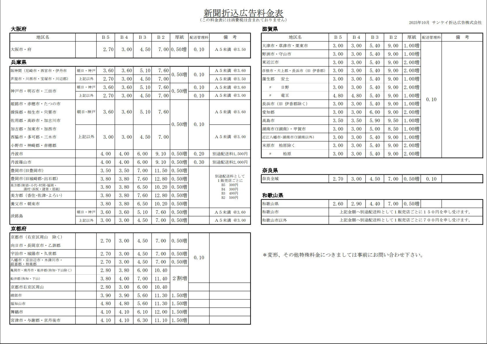 新聞折込料金表　関西